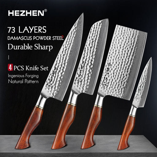 HEZHEN 1-4PC Kitchen Knife Set Slicing 73-Layer Powder Damascus Steel Rosewood Handle Chef Santoku Nakiri Utility knives