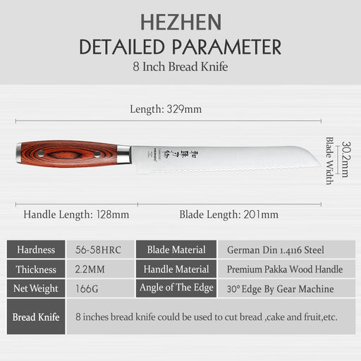HEZHEN 8 Inches Bread Knives German DIN 1.4116 Steel Cake Watermelon Pakka Wood Handle &amp; Stainless Steel Rivet Kitchen Knife