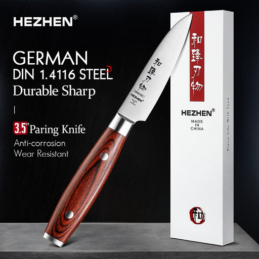 HEZHEN 3.5 Inches Paring Knives Peeing Fruit German DIN1.4116 Steel Pakka Wood Handle &amp; Stainless Steel Rivet Default Title