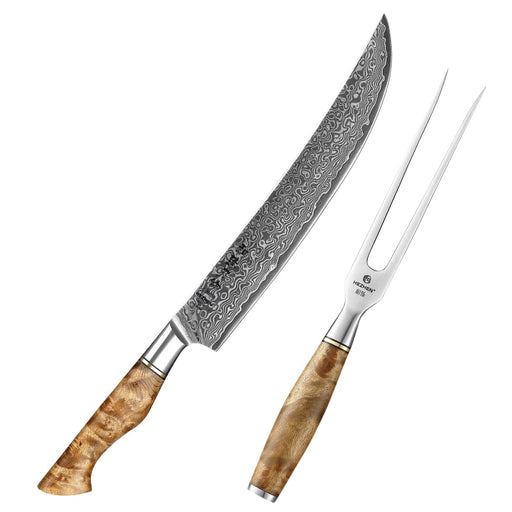 HEZHEN 10 inch Carving Knife Real 67 Layer Damascus Super Cook Tools Super Sharp High Quality Kitchen Ham Slicing Knife Cleaver WITH FORK China