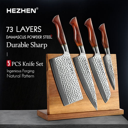 HEZHEN 4-5PC Kitchen Knife Set 73-Layer Powder Damascus Steel 14Cr14MoV Chef Santoku Cleaver Utility Knives Magnetic Holder