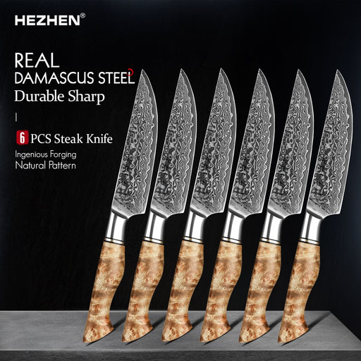 HEZHEN 1PC Or 6PC Steak Knife Set 5 Inch 67 Layer Damascus Steel 10Cr15CoMoV Steel Core Gift Box Kitchen Tools Cooking Knives