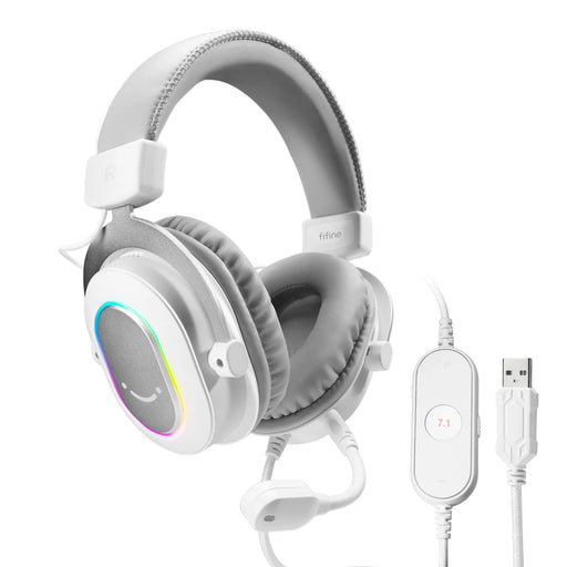 Fifine Dynamic RGB Gaming Headset with Mic Over-Ear Headphones 7.1 Surround Sound PC PS4 PS5 3 EQ Options Game Movie Music WHITE CHINA