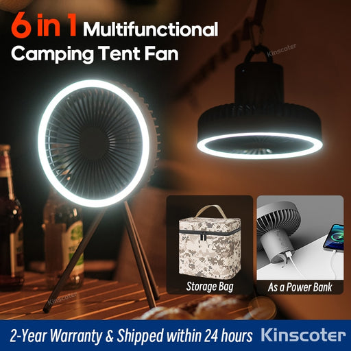 10000mAh Camping Fan Rechargeable Desktop Portable Circulator Wireless Ceiling Electric Fan with Power Bank LED Lighting Tripod