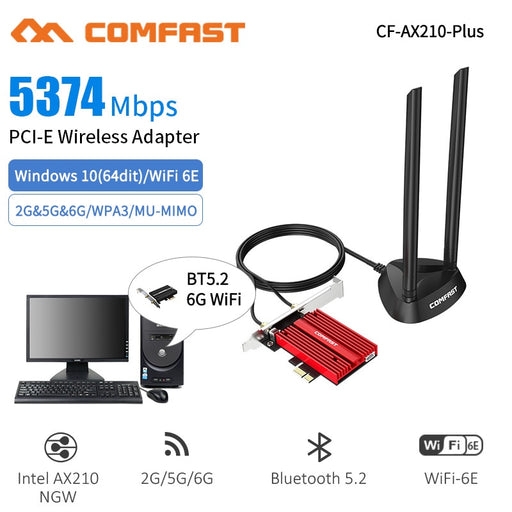 Comfast 5374Mbps WiFi 6E PCIE Wireless WiFi Adapter Bluetooth 5.2 Intel AX210 Tri Band 2.4G/5Ghz PCI Express 802.11AX Wi-Fi Card