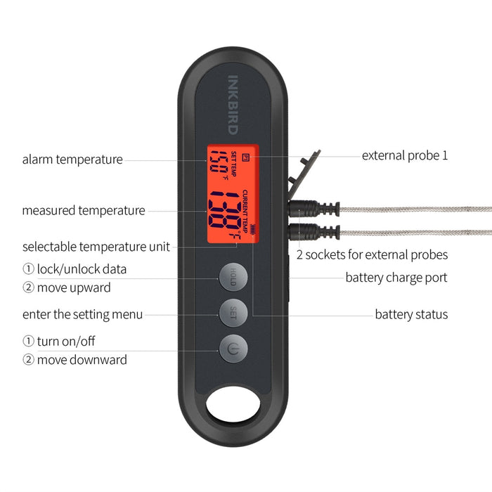 INKBIRD Digital Food Thermometer IHT-2XP Supports External 2 Probes Instant Read Magnetic Back Ideal for BBQ Smoker Oven Soups