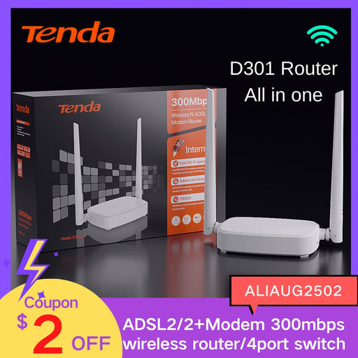 Tenda D301 300Mbps Wireless Router WiFi ADSL Modem Router network gigabit 4p Switch all in Wifi Router Support Ethernet WAN IPTV Default Title