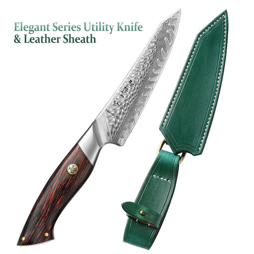 HEZHEN 5 Inch Utility Knife 73 Layers Damascus Steel Kitchen Knife Cooking Cutlery Powder Steel Core Kitchen Tools with leather sheath