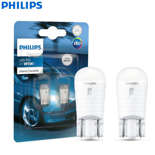Philips LED Ultinon Pro3000 T10 W5W 6000K White Turn Signal Lamps Car Interior LED Light Reading Bulbs 11961U30CWB2, Pair Default Title