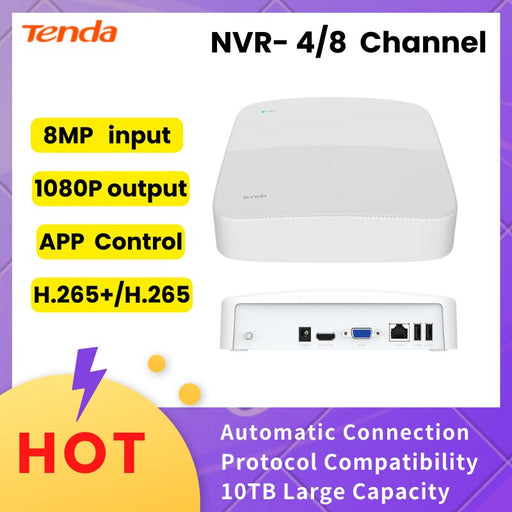 Tenda 8 Channel 4 Channel 8MP Input 1080P Output H.265 10TB Capacity App control Cloud Storage Automatic Connection China None 4CH|EU Plug