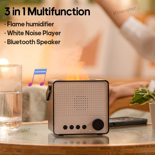 KINSCOTER White Noise Player Machine Flame Humidifier Essential Oil Aroma Diffuser Cordless Bluetooth Speaker for Gift Bedroom