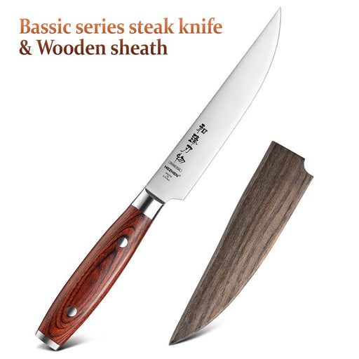 HEZHEN 5 Inches Steak Knives stainless steel Pork Chop Slice German DIN1.4116 Super Steel With Premium Pakka Wood Handle Cook with wooden sheath China