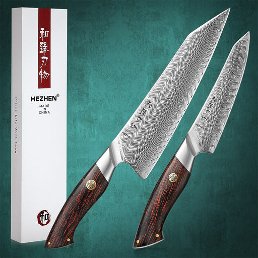 HEZHEN 2PC Knife Set Chef Knife &amp; Utility Knife 73 Layers Damascus Steel Kitchen Knives Cooking Tools Powder Steel Core Cutlery Default Title