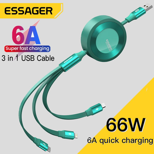 Essager 3 in1 USB Cable for iPhone Huawei P40 P30 Mate 40 30 Pro 66W Supercharge 6A Fast Charging Micro Type C USB Charger Cable