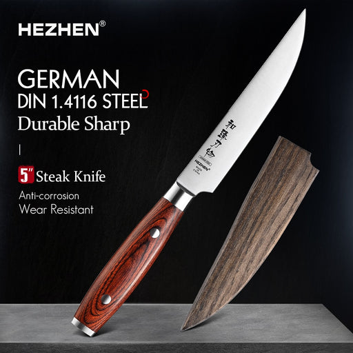 HEZHEN 5 Inches Steak Knives stainless steel Pork Chop Slice German DIN1.4116 Super Steel With Premium Pakka Wood Handle Cook