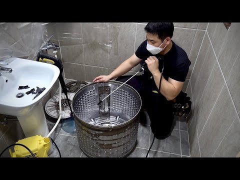 Process of Turning Old Washing Machine into New One. Korean Appliance Cleaning Technician